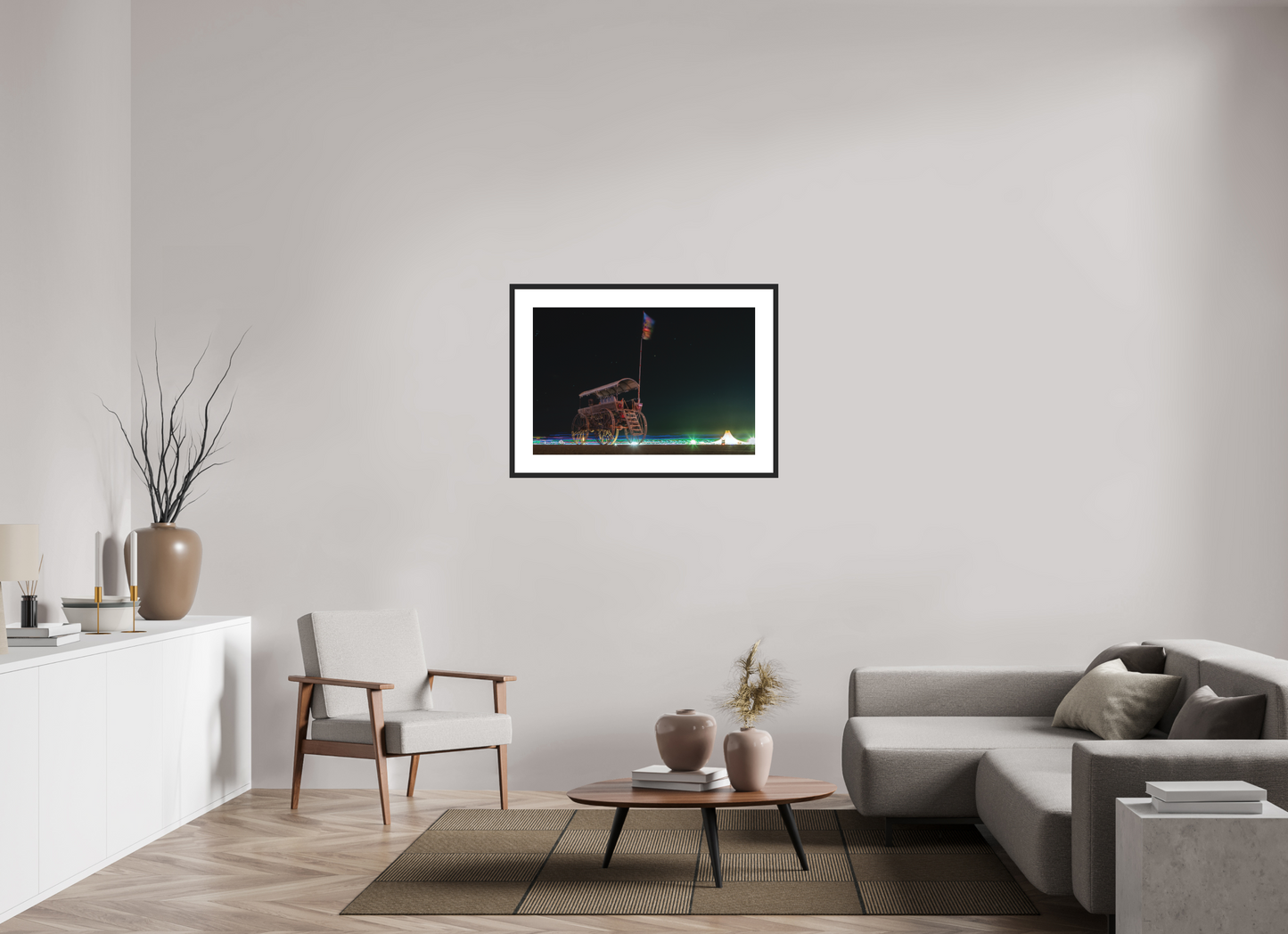 36 x 24″, Solid 0.8" Black Wood Frame With 3" Natural White Passe-Partout with Museum Glass Burning Man - Art Car with Flag