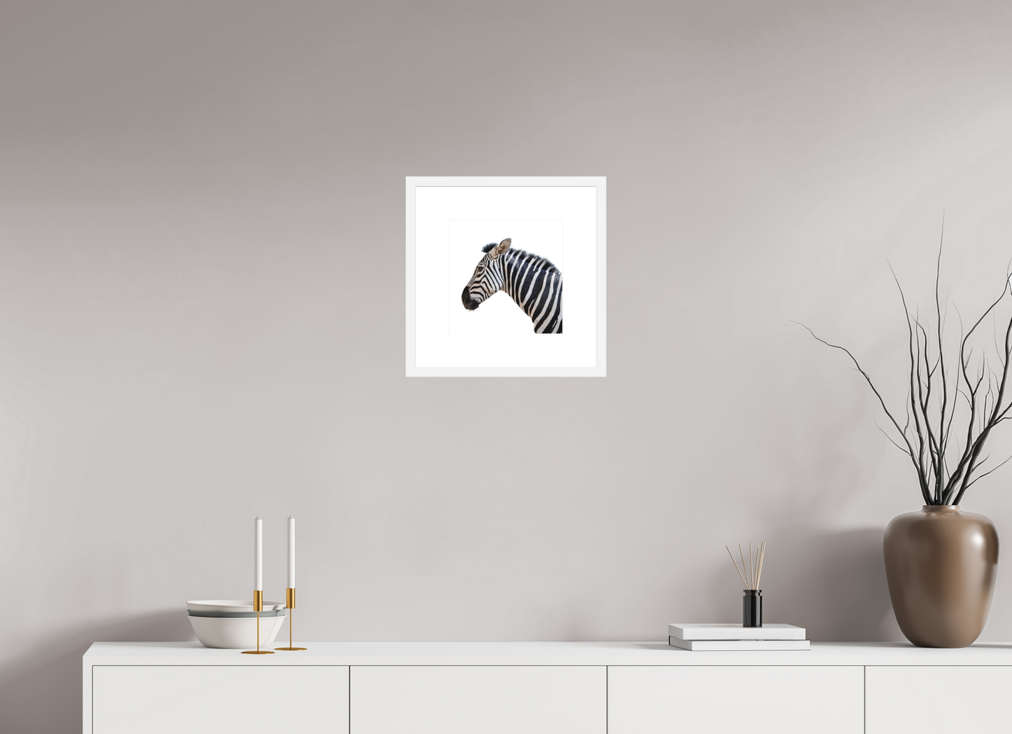 10 x 10″, Solid 0.8" White Wood Frame With 3" Natural White Passe-Partout with Museum Glass Zebra