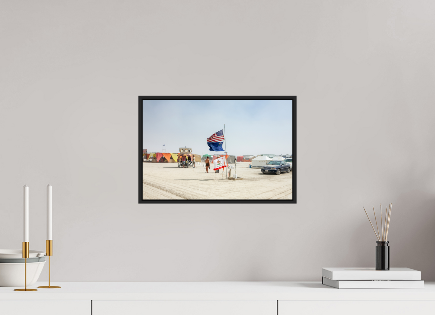 15 x 10″, Black Matte Frame, No Border Burning Man - Two Flags