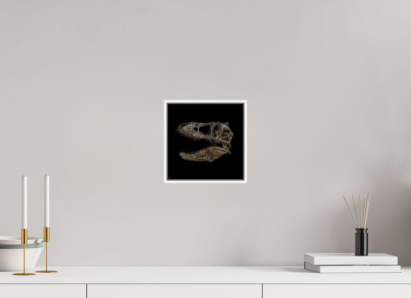 8 x 8″, White Matte Frame, No Border T-Rex Skull