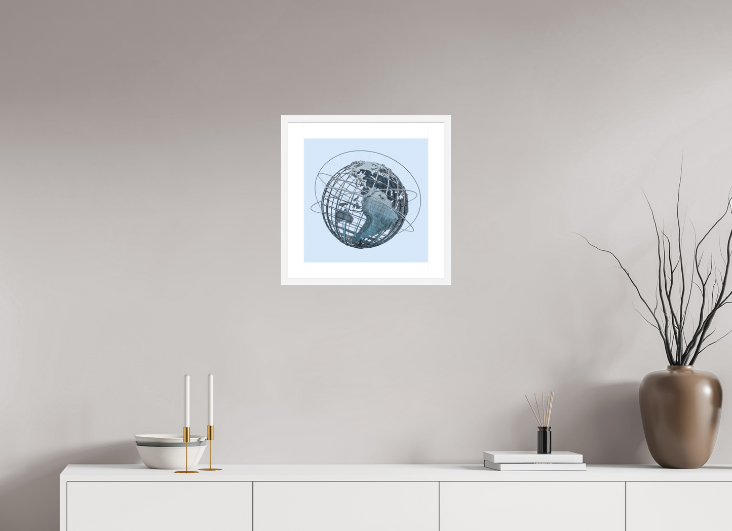 15 x 15″, Solid 0.8" White Wood Frame With 2" Natural White Passe-Partout with Museum Glass Unisphere