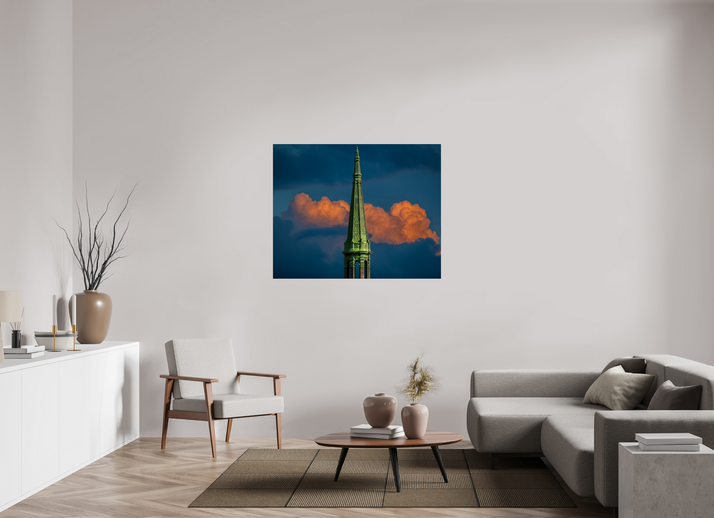 48.7 x 39″, Frameless Acrylic Glass Orange Clouds and Green Tower
