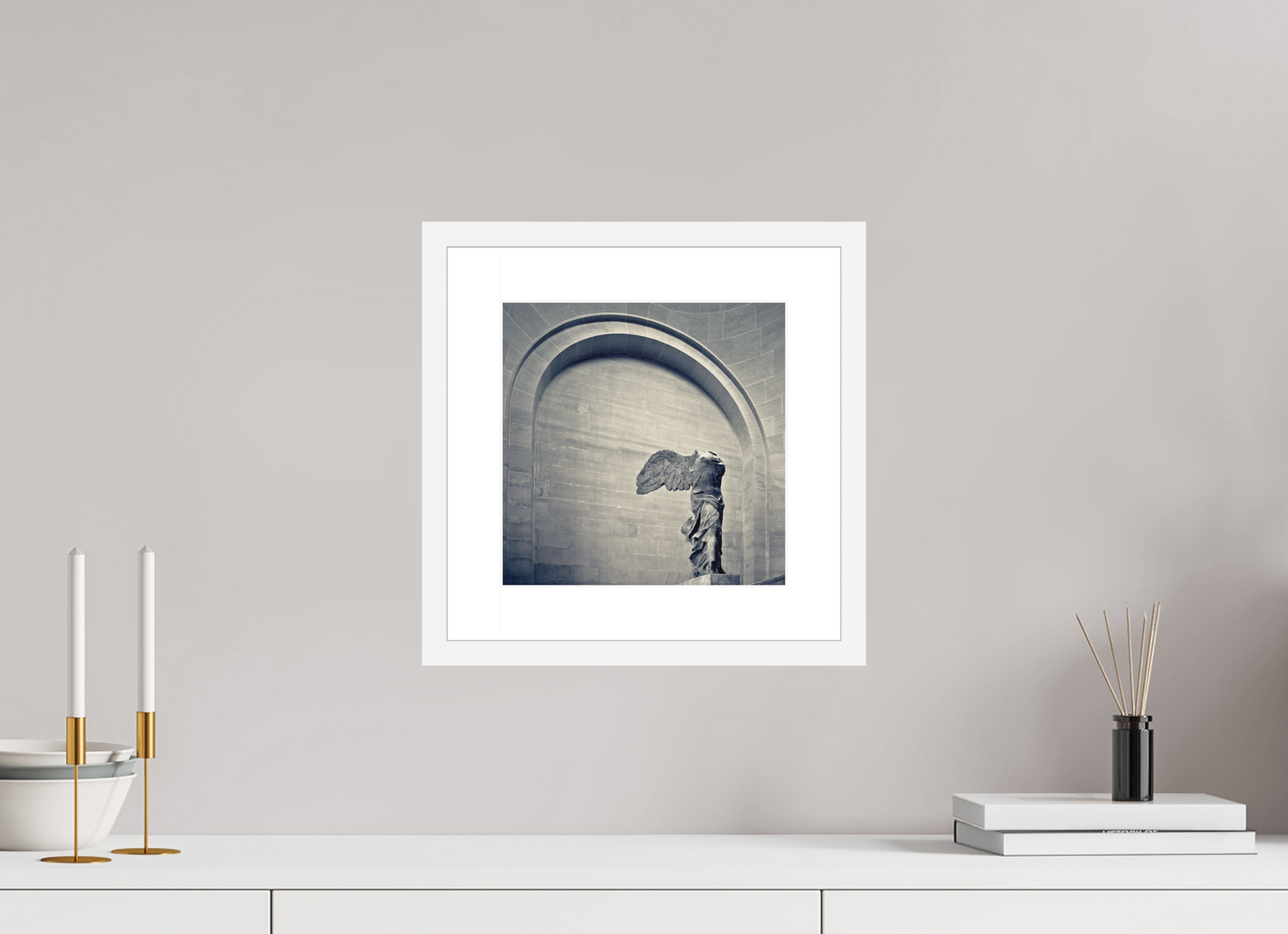 10 x 10″, Solid 0.8" White Wood Frame With 2" Natural White Passe-Partout with Museum Glass Winged Victory of Samothrace