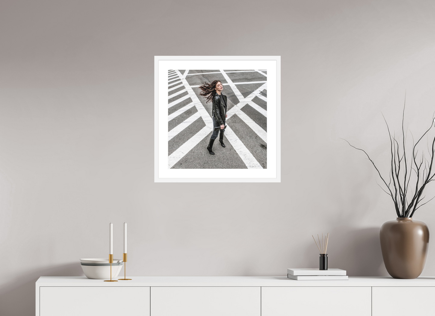 20 x 20″, Solid 0.8" White Wood Frame With 2" Natural White Passe-Partout with Museum Glass Woman at Crosswalk