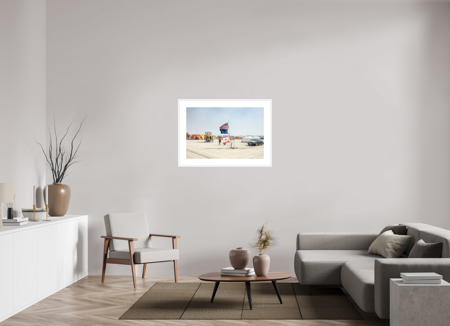 36 x 24″, Solid 0.8" White Wood Frame With 3" Natural White Passe-Partout with Museum Glass Burning Man - Two Flags