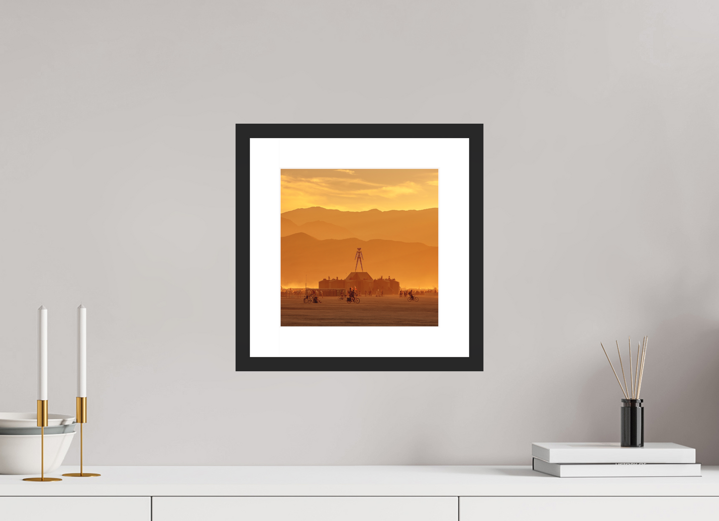 10 x 10″, Solid 0.8" Black Wood Frame With 2" Natural White Passe-Partout with Museum Glass Burning Man with Mountains