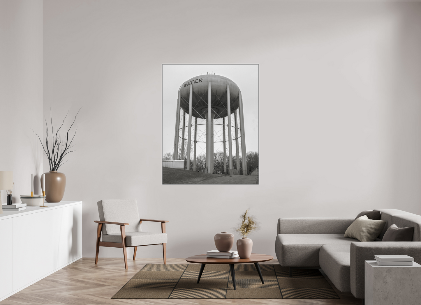 47 x 58.7″, White Matte Frame, No Border Grey Water Tower
