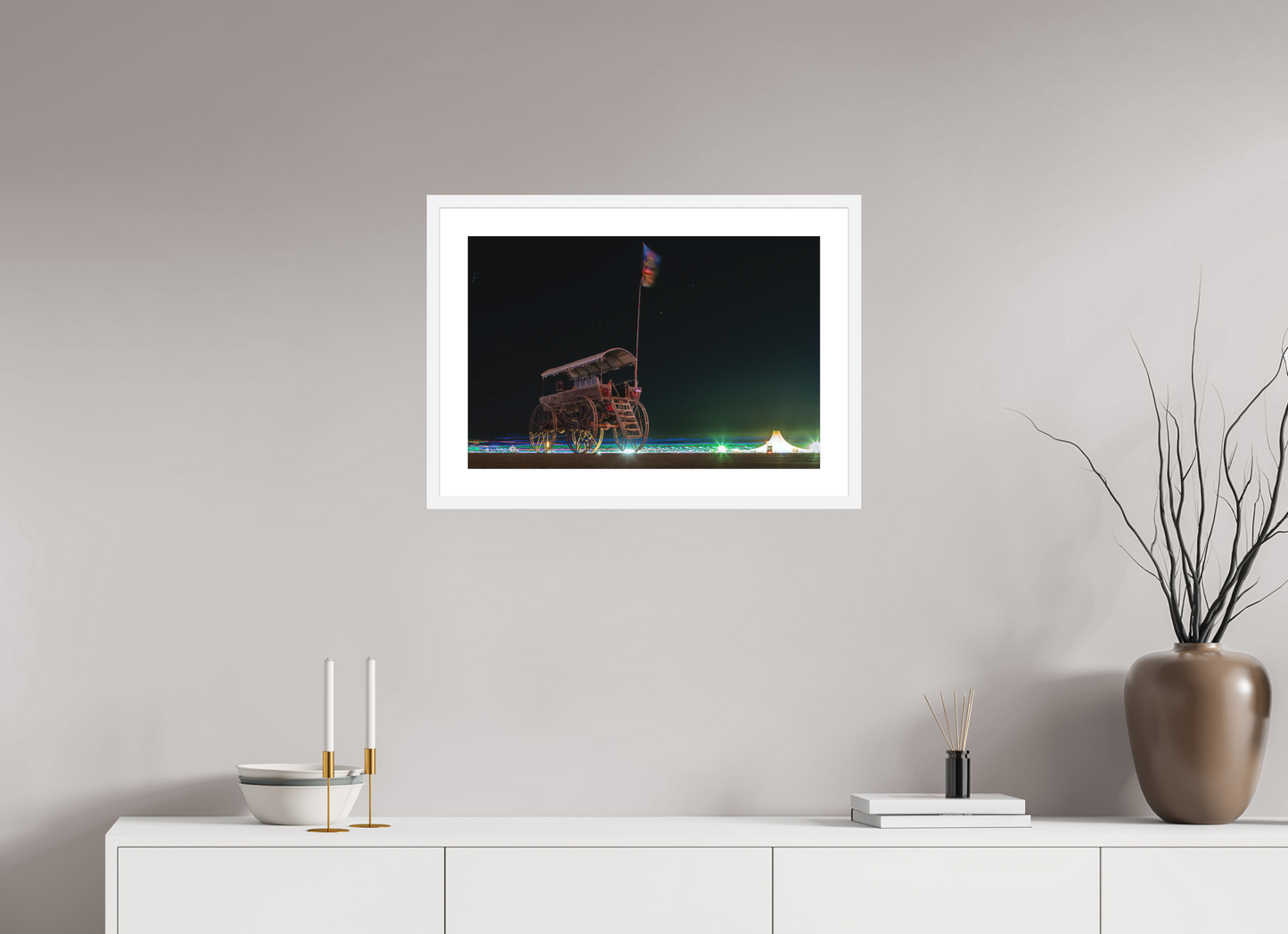 24 x 16″, Solid 0.8" White Wood Frame With 2" Natural White Passe-Partout with Museum Glass Burning Man - Art Car with Flag