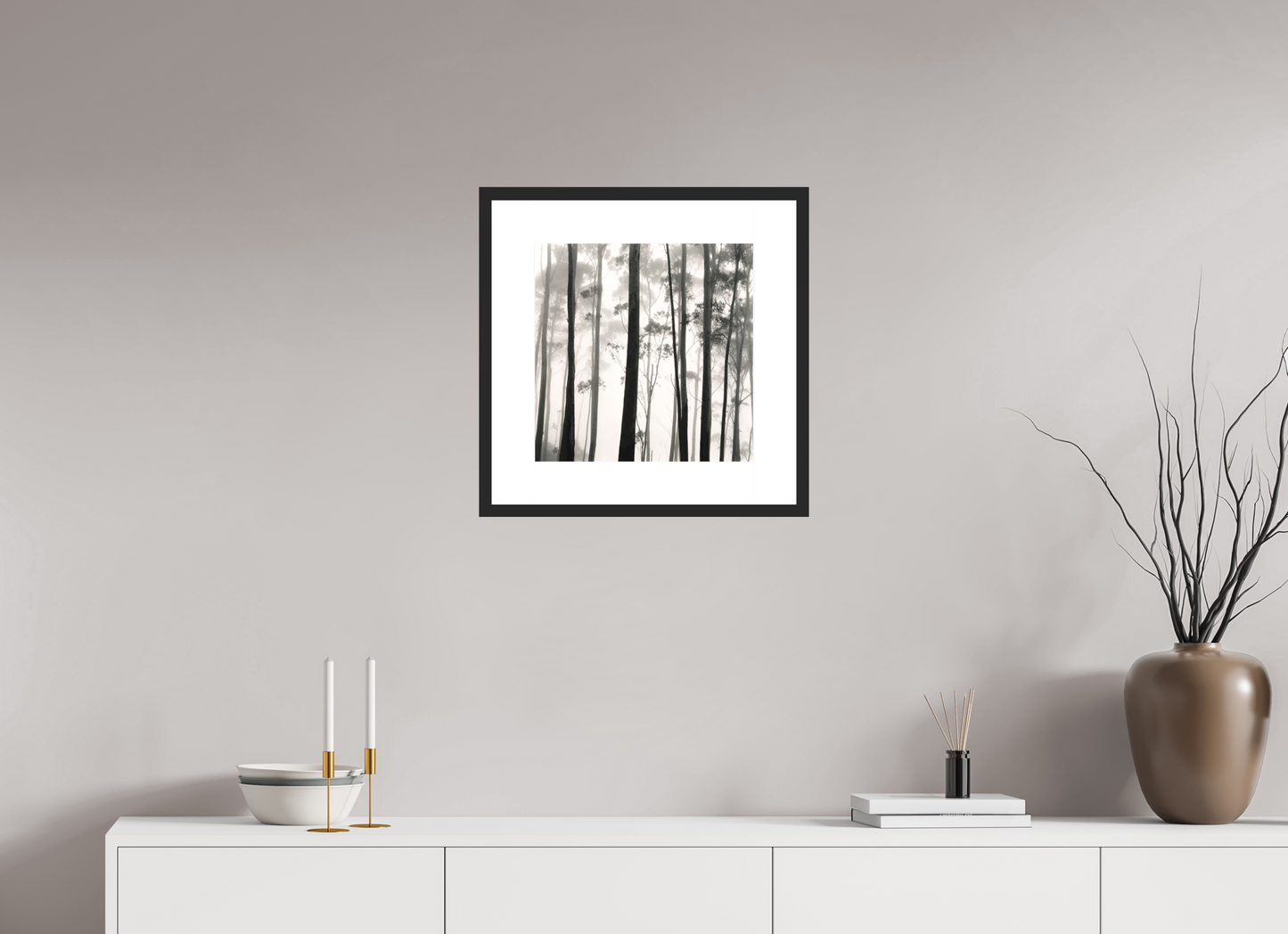 15 x 15″, Solid 0.8" Black Wood Frame With 3" Natural White Passe-Partout with Museum Glass Tilba Tilba Trees, Austrailia