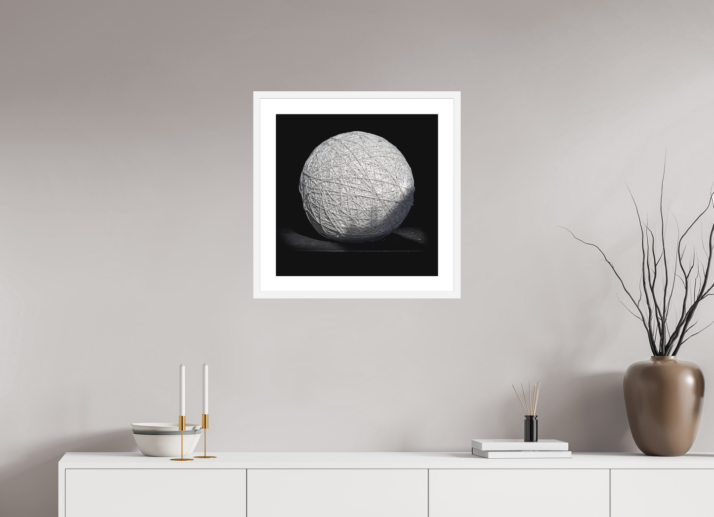 20 x 20″, Solid 0.8" White Wood Frame With 2" Natural White Passe-Partout with Museum Glass Ball of String