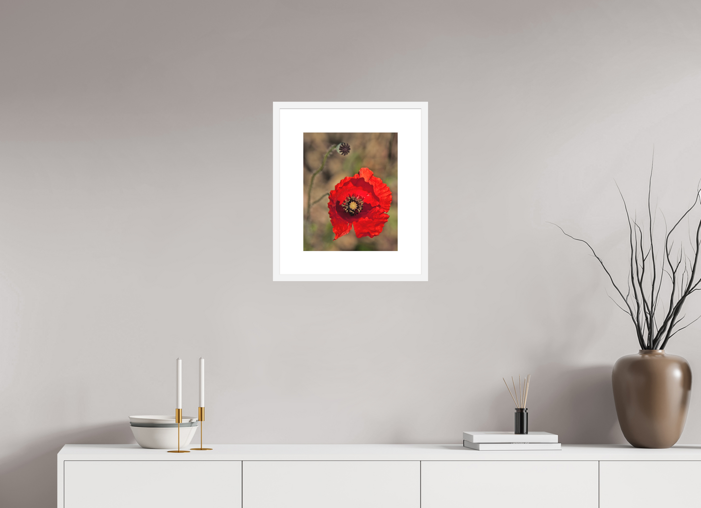 12 x 15″, Solid 0.8" White Wood Frame With 3" Natural White Passe-Partout with Museum Glass Poppy