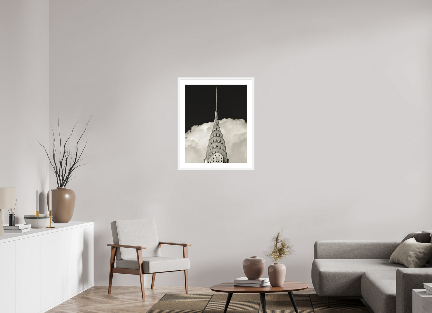 24 x 30″, Solid 0.8" White Wood Frame With 2" Natural White Passe-Partout with Museum Glass Chrysler Building Against Clouds