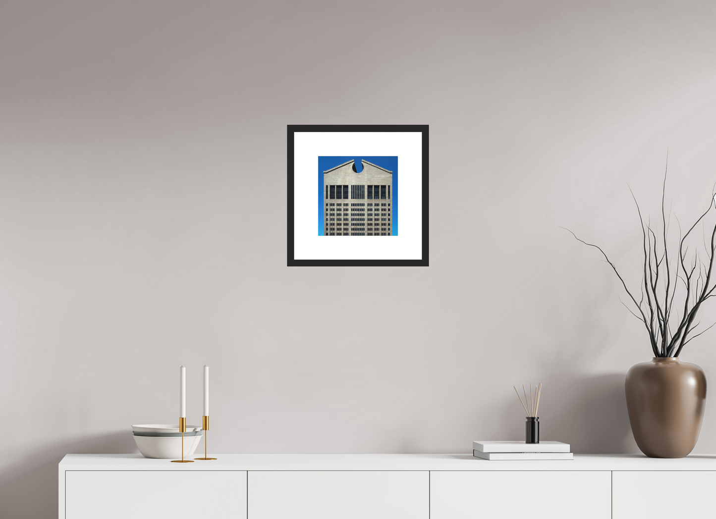 10 x 10″, Solid 0.8" Black Wood Frame With 3" Natural White Passe-Partout with Museum Glass The Chippendale Building
