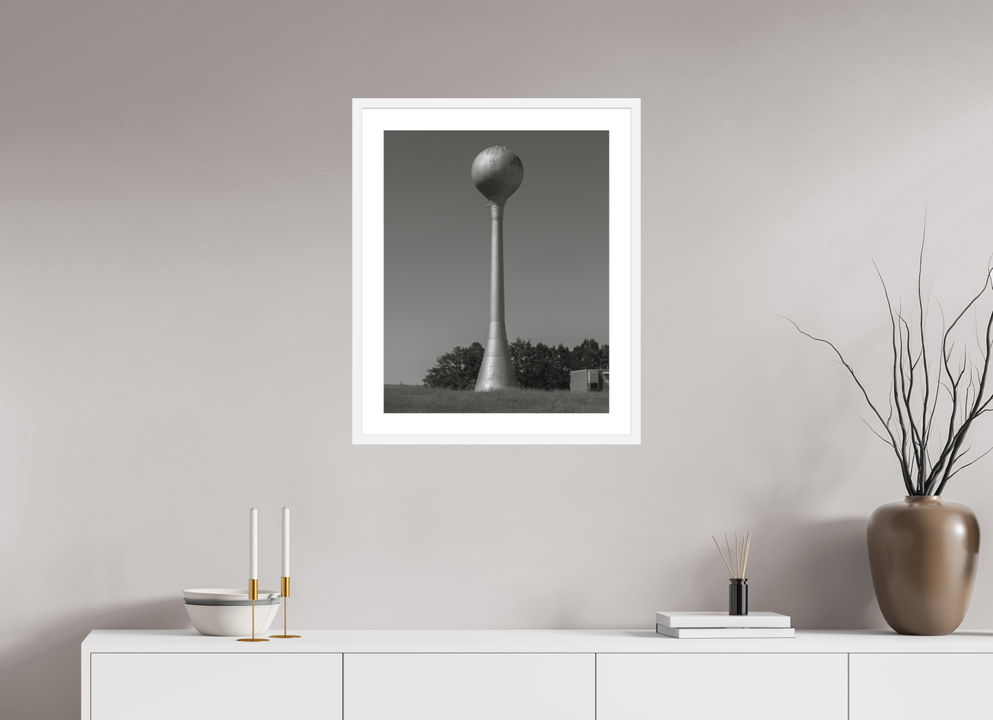 20 x 25″, Solid 0.8" White Wood Frame With 2" Natural White Passe-Partout with Museum Glass Kansas Water Tower