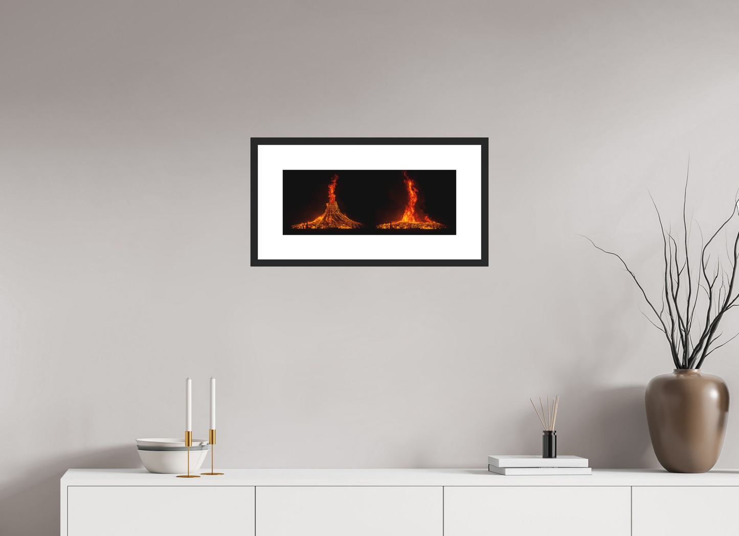 20.7 x 8″, Solid 0.8" Black Wood Frame With 3" Natural White Passe-Partout with Museum Glass Burning Man - Temple Burn