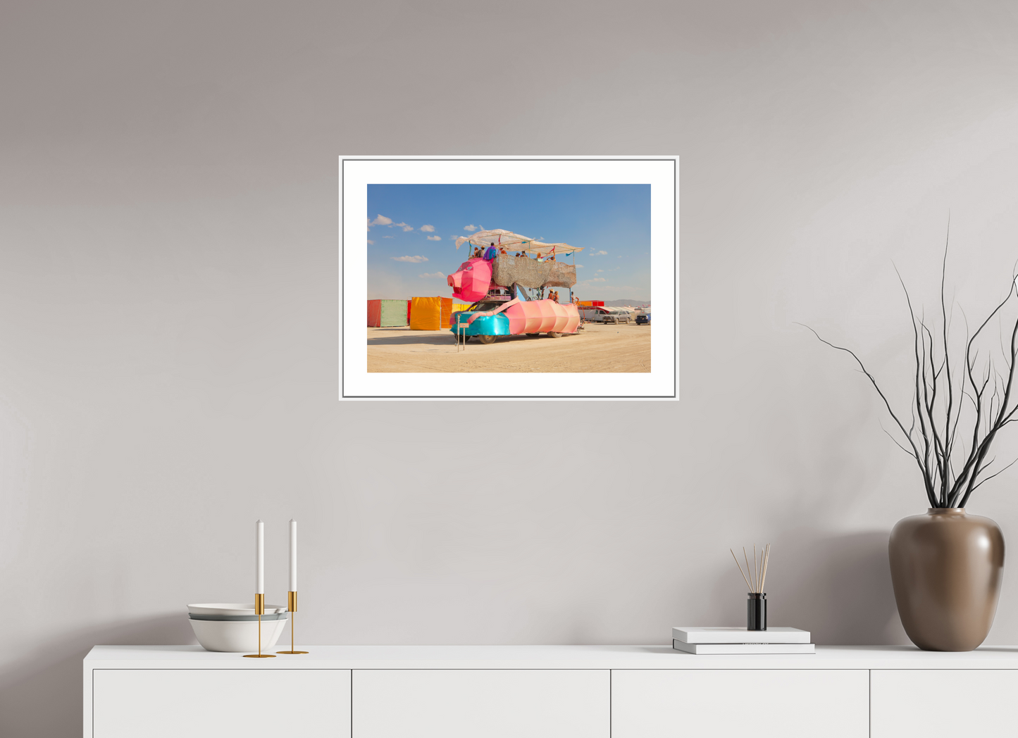 24 x 16″, White Matte Frame Burning Man - Art Car Ponco