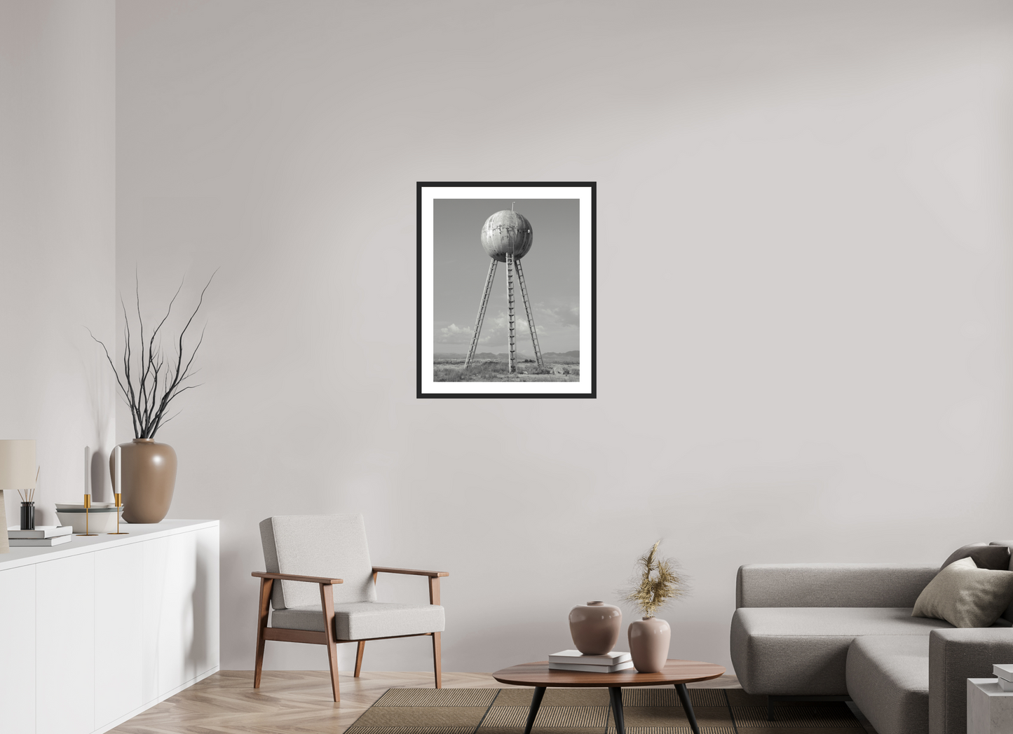 24 x 30″, Solid 0.8" Black Wood Frame With 2" Natural White Passe-Partout with Museum Glass Spherical Water Tower