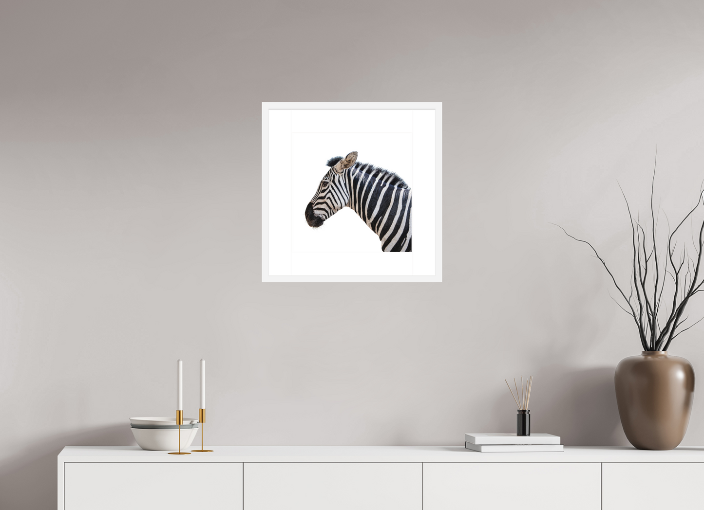 15 x 15″, Solid 0.8" White Wood Frame With 3" Natural White Passe-Partout with Museum Glass Zebra