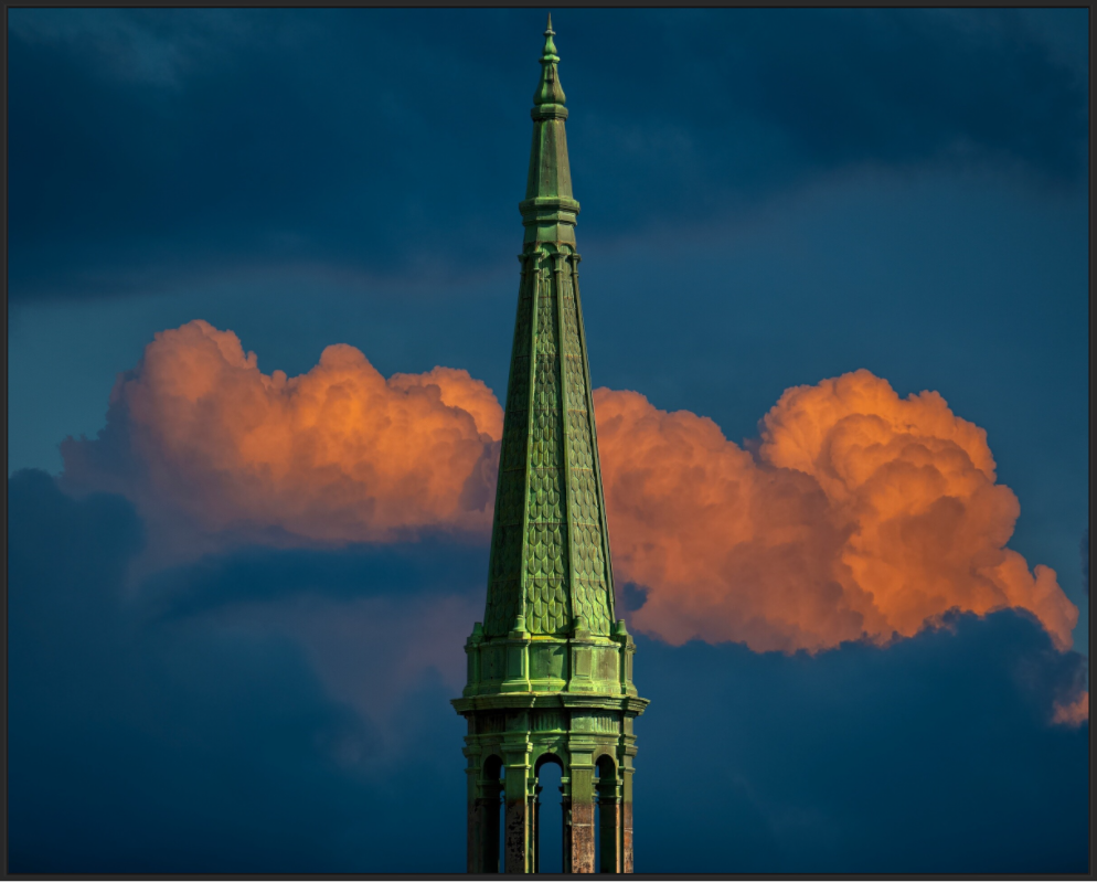 Orange Clouds and Green Tower