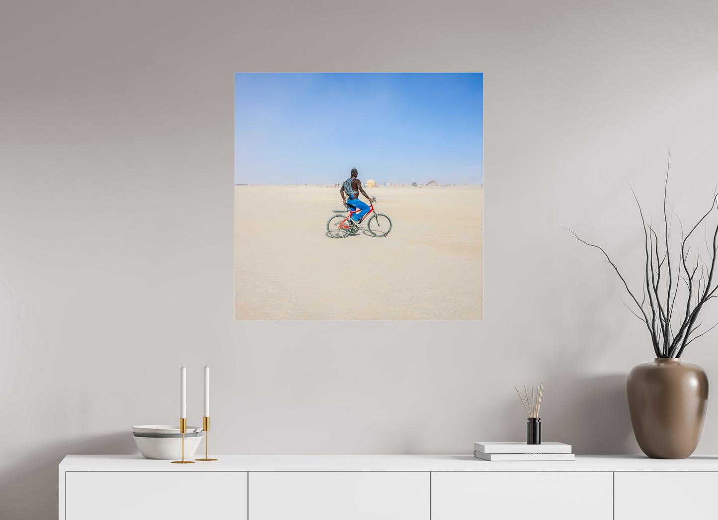 30 x 30″, Frameless Acrylic Glass Burning Man - Man on Red Bike