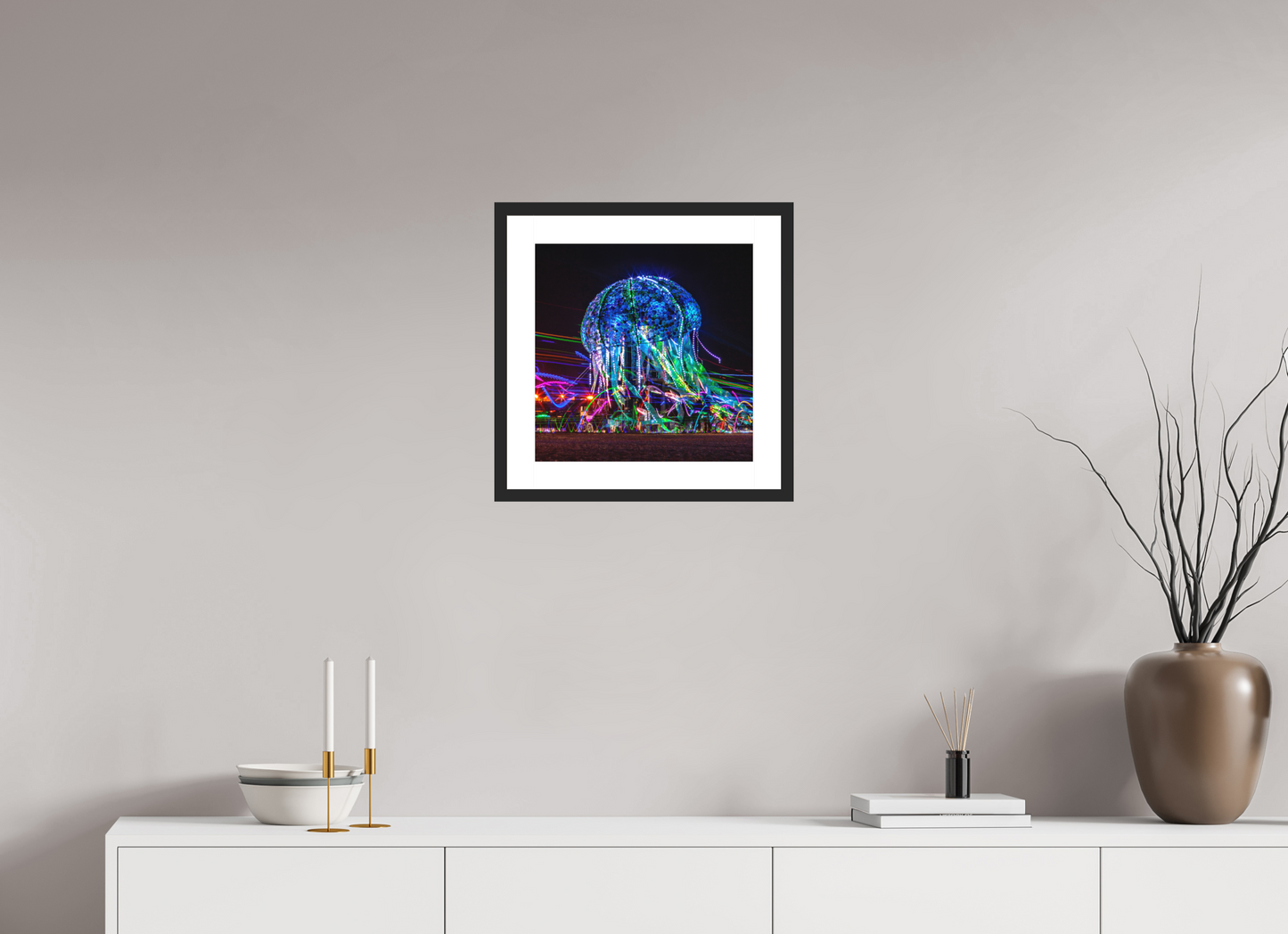 15 x 15″, Solid 0.8" Black Wood Frame With 2" Natural White Passe-Partout with Museum Glass Burning Man - Glass Jellyfish (square format)