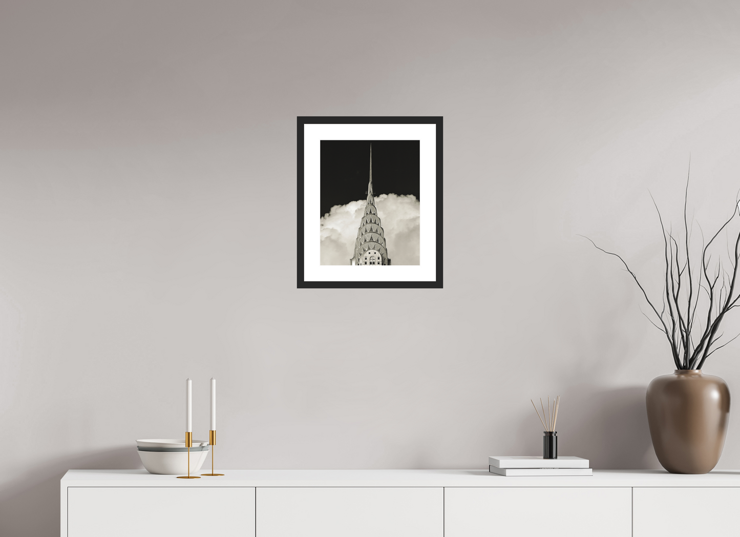 12 x 15″, Solid 0.8" Black Wood Frame With 2" Natural White Passe-Partout with Museum Glass Chrysler Building Against Clouds