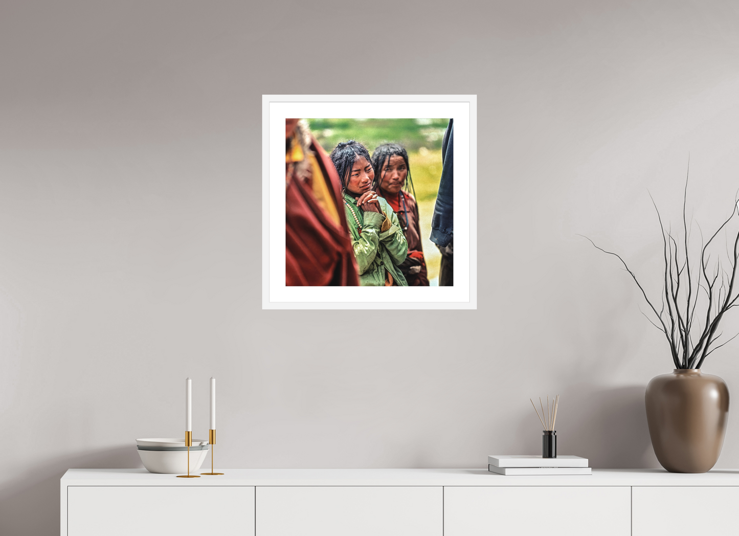 20 x 20″, Solid 0.8" White Wood Frame With 2" Natural White Passe-Partout with Museum Glass Tibetan Girl in Green Jacket (square format)