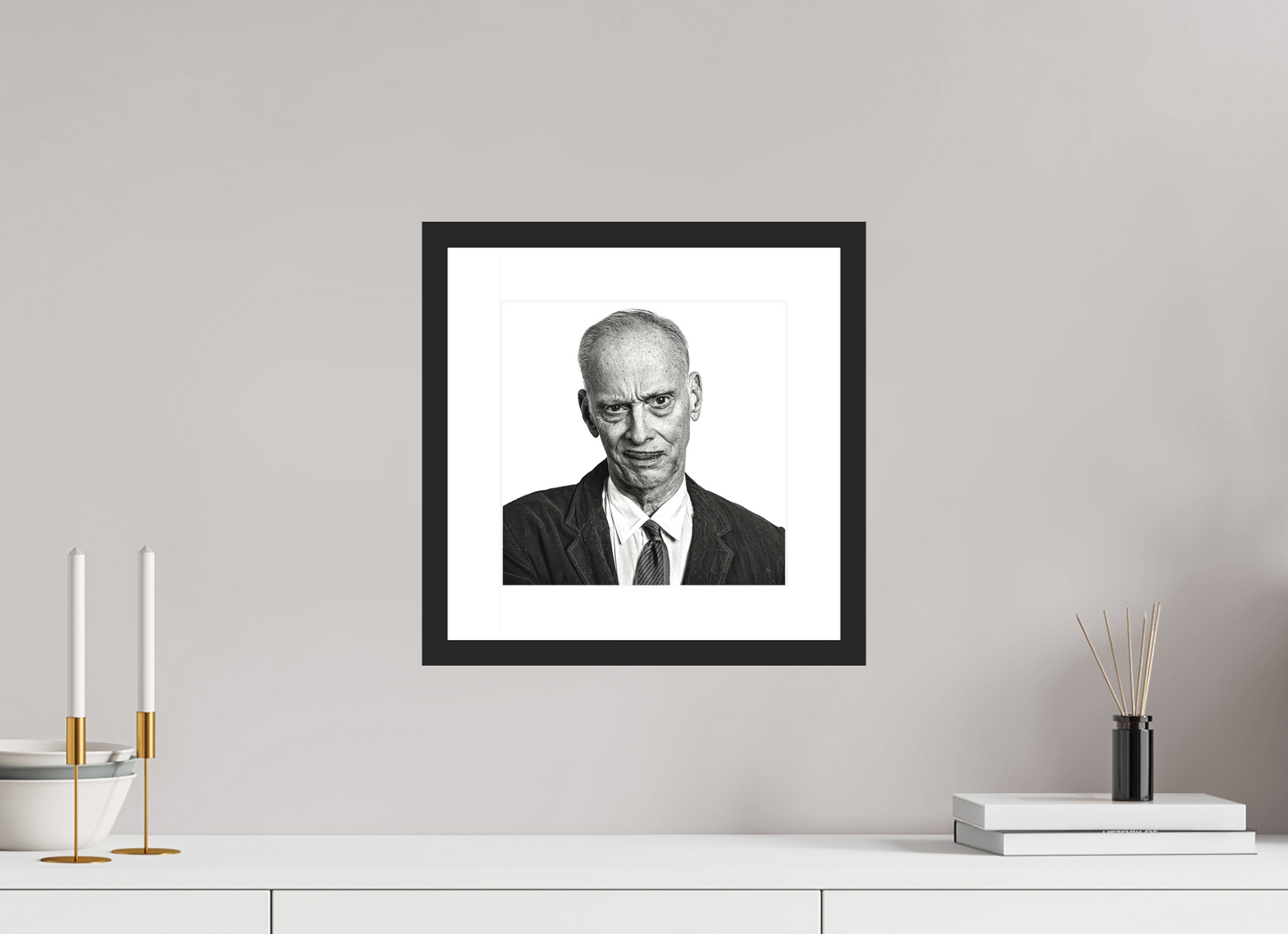 10 x 10″, Solid 0.8" Black Wood Frame With 2" Natural White Passe-Partout with Museum Glass Director John Waters Grimacing (square format)
