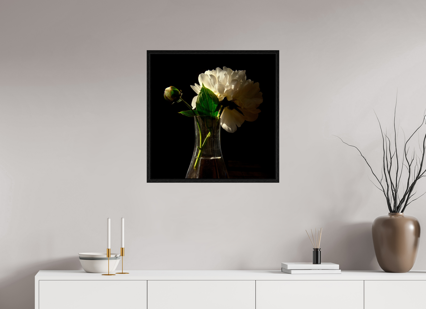 25 x 25″, Floater Frame Flowers in Vase