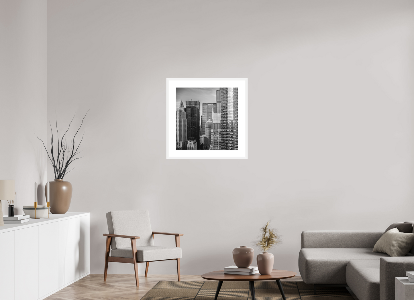 25 x 25″, Solid 0.8" White Wood Frame With 3" Natural White Passe-Partout with Museum Glass Midtown New York City