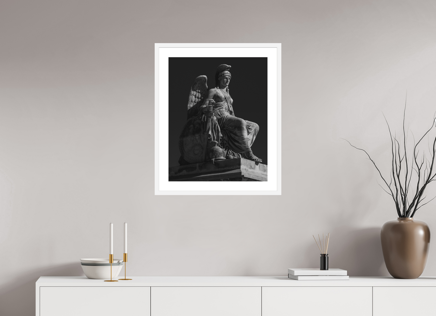 20 x 25″, Solid 0.8" White Wood Frame With 2" Natural White Passe-Partout with Museum Glass Allegory Statue of Victorious France