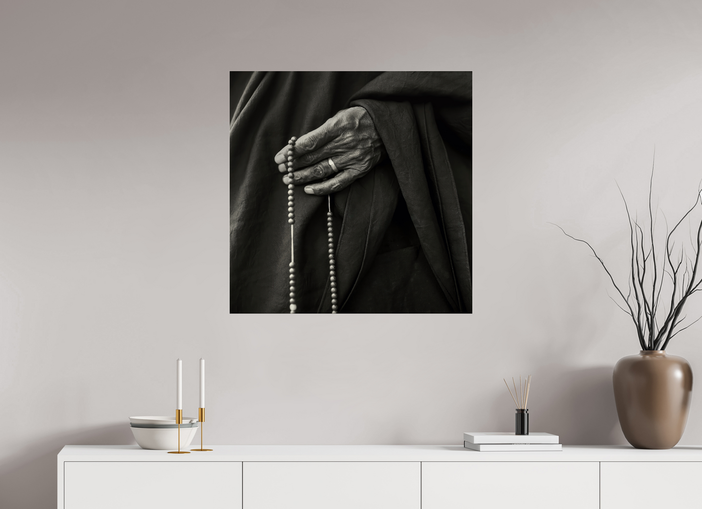 30 x 30″, Frameless Acrylic Glass Tibetan Monk Hand with Prayer Beads