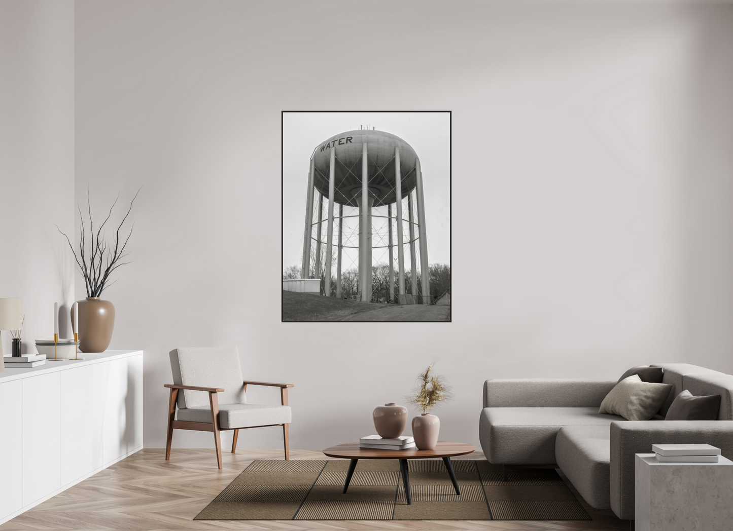47 x 58.7″, Black Matte Frame, No Border Grey Water Tower