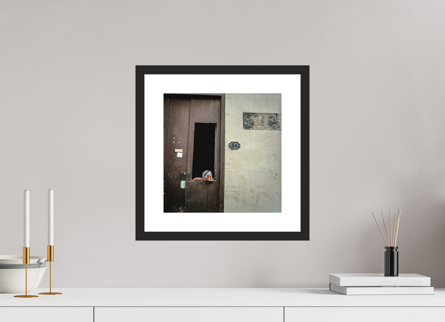 12 x 12.2″, Solid 0.8" Black Wood Frame With 2" Natural White Passe-Partout with Museum Glass Cuban Woman in Window, Havana