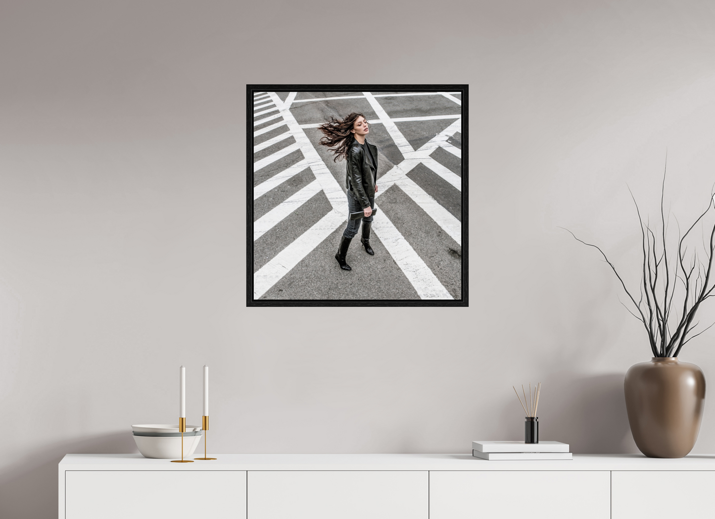 25 x 25″, Floater Frame Woman at Crosswalk