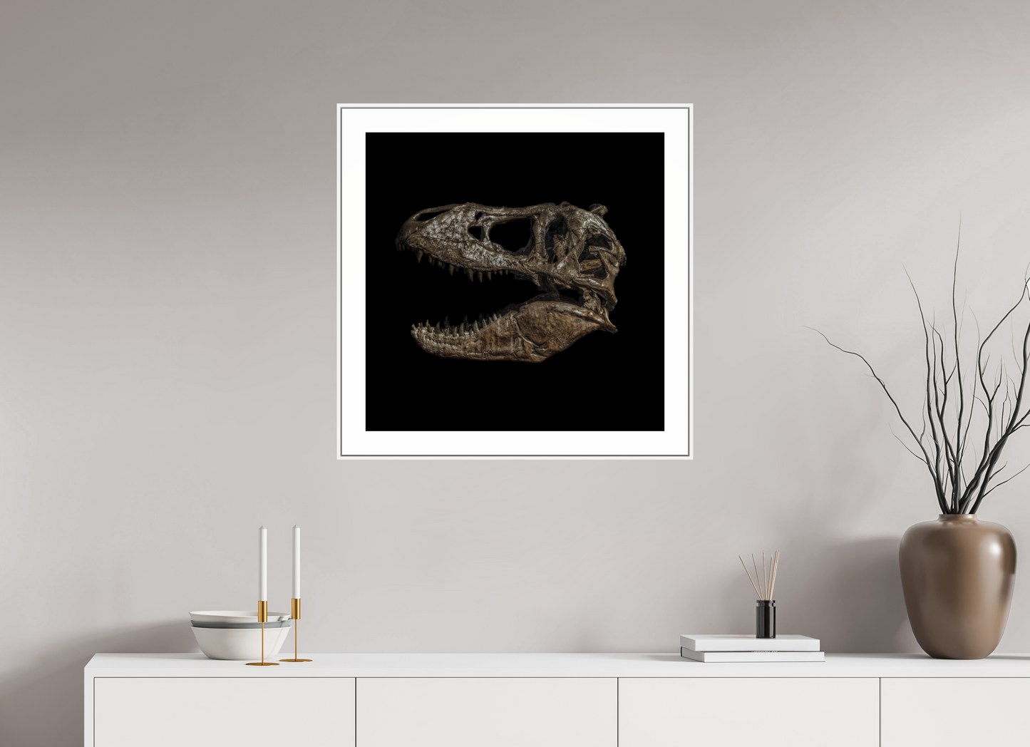 25 x 25″, White Matte Frame T-Rex Skull