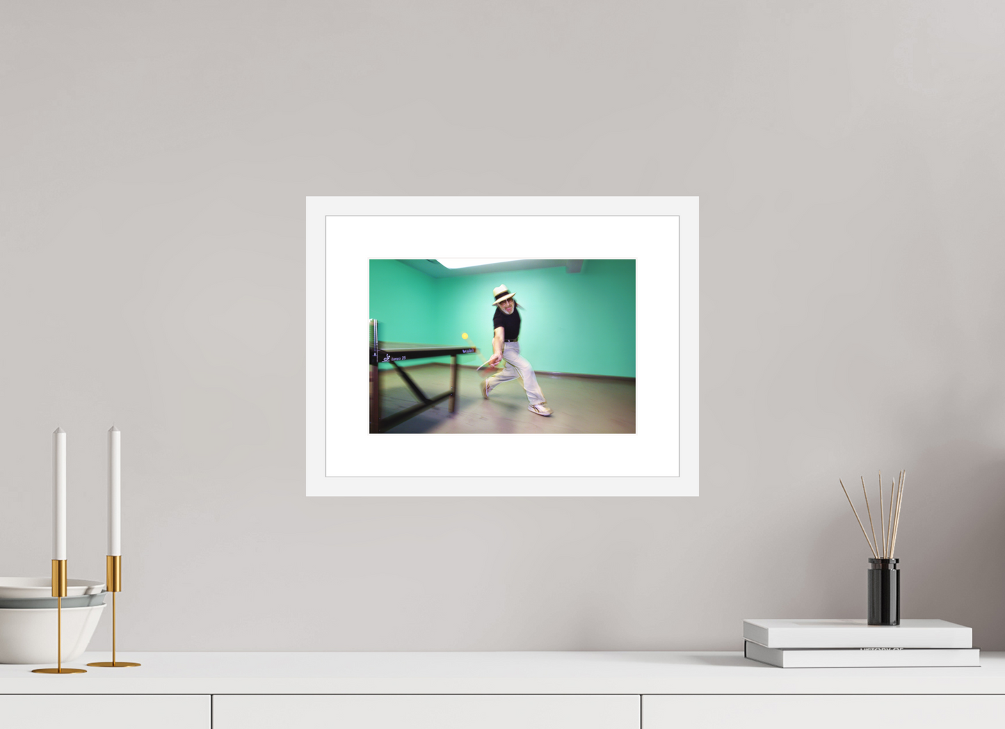 12 x 8″, Solid 0.8" White Wood Frame With 2" Natural White Passe-Partout with Museum Glass Marty Reisman