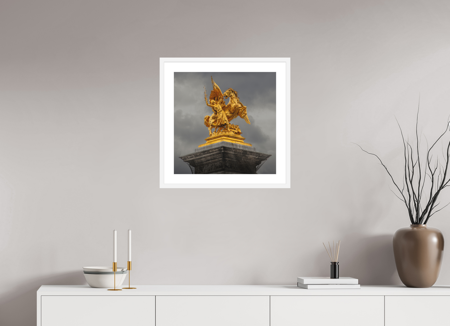 20 x 20″, Solid 0.8" White Wood Frame With 2" Natural White Passe-Partout with Museum Glass Pegasus and Fame Sculpture