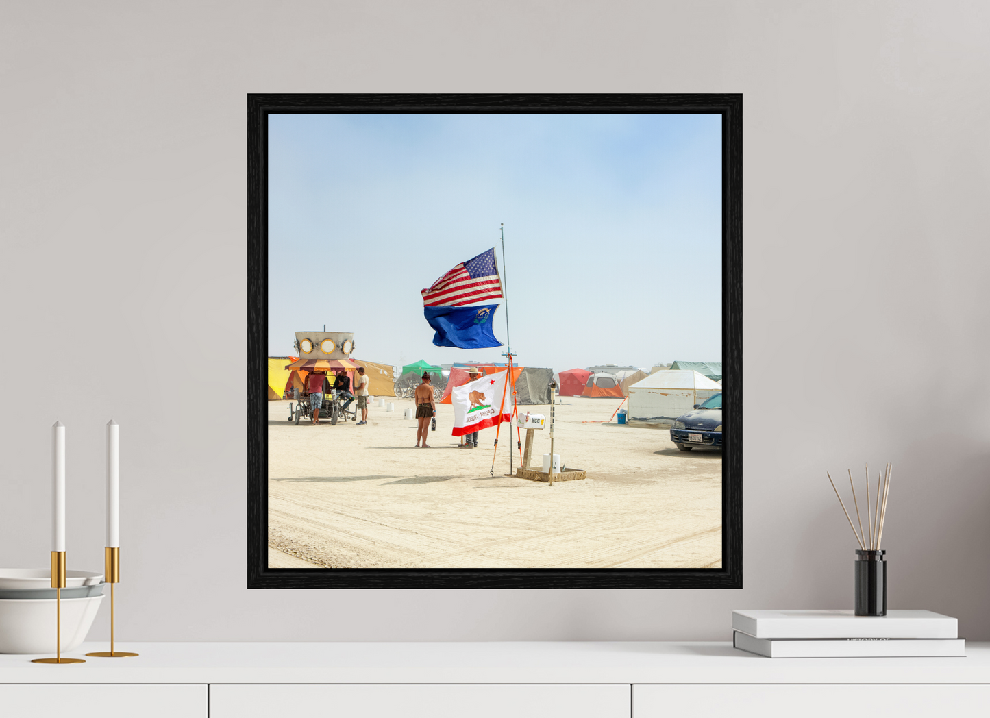20 x 20″, Floater Frame Burning Man - Woman with Flags