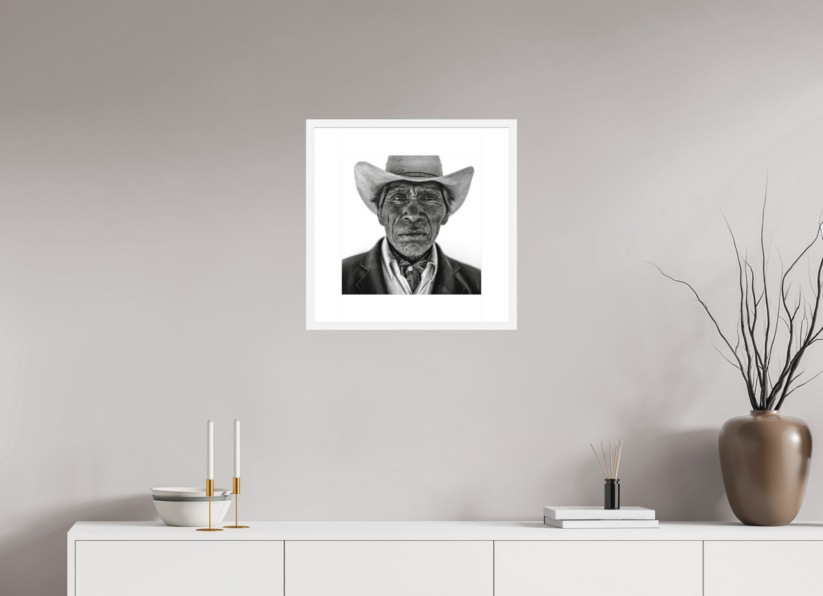 15 x 15″, Solid 0.8" White Wood Frame With 2" Natural White Passe-Partout with Museum Glass Tarahumara Cowboy
