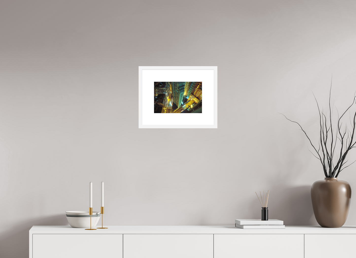 12 x 8″, Solid 0.8" White Wood Frame With 3" Natural White Passe-Partout with Museum Glass Downtown Hong Kong
