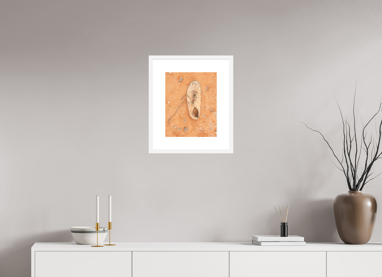 12 x 15″, Solid 0.8" White Wood Frame With 3" Natural White Passe-Partout with Museum Glass Shoe on the Ground - Angola