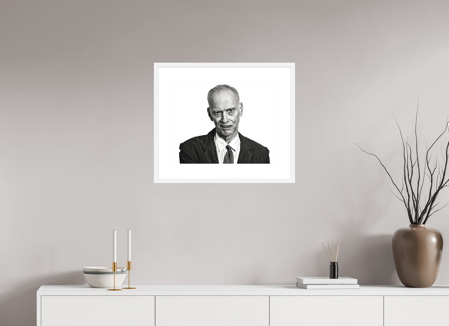 20 x 16″, Solid 0.8" White Wood Frame With 3" Natural White Passe-Partout with Museum Glass Director John Waters Grimacing