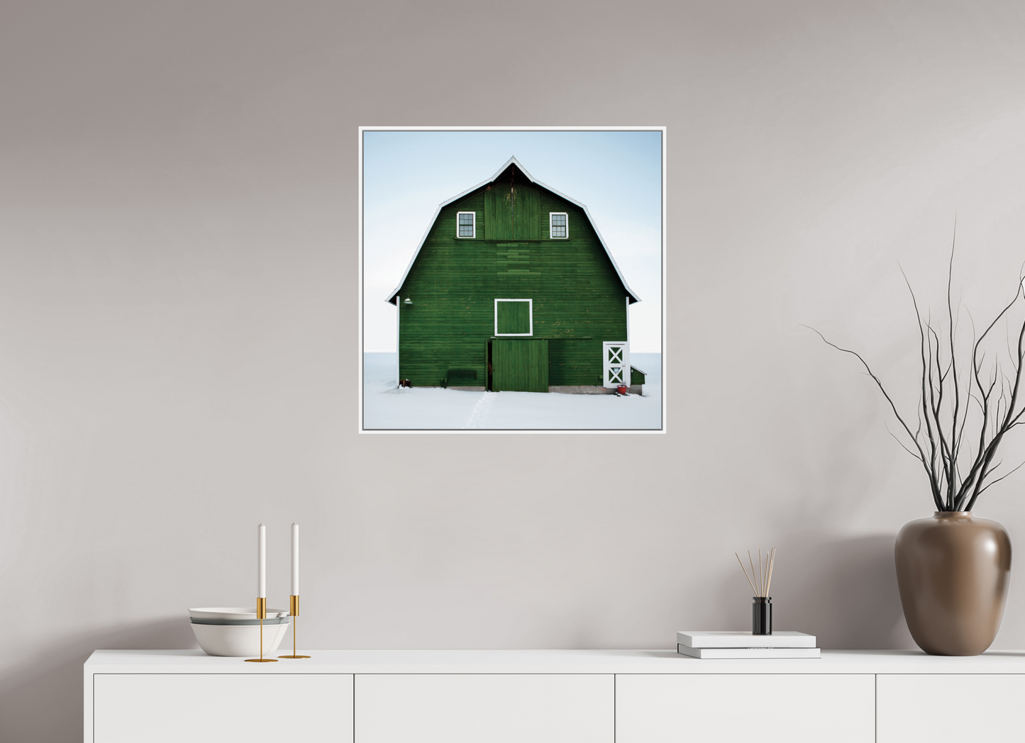 25 x 25″, White Matte Frame, No Border Green Barn