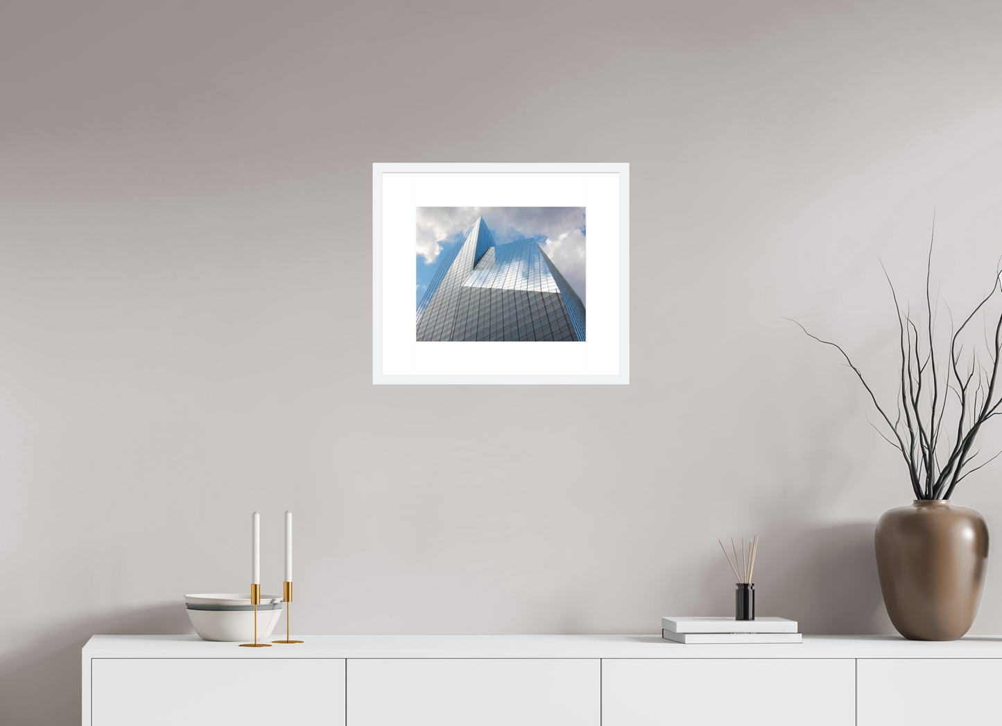 15 x 12″, Solid 0.8" White Wood Frame With 3" Natural White Passe-Partout with Museum Glass Bank of America Tower