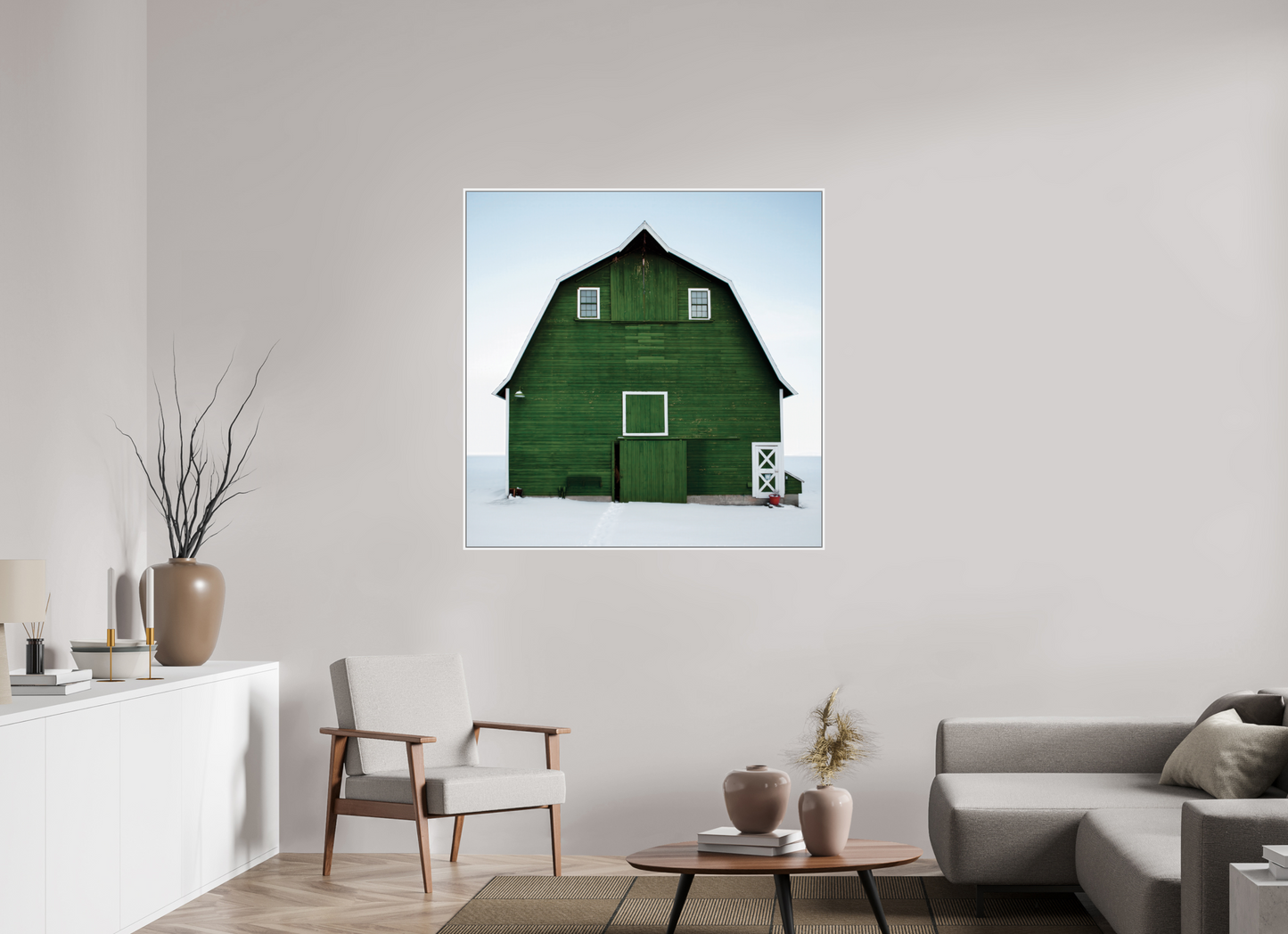 45 x 45″, White Matte Frame, No Border Green Barn