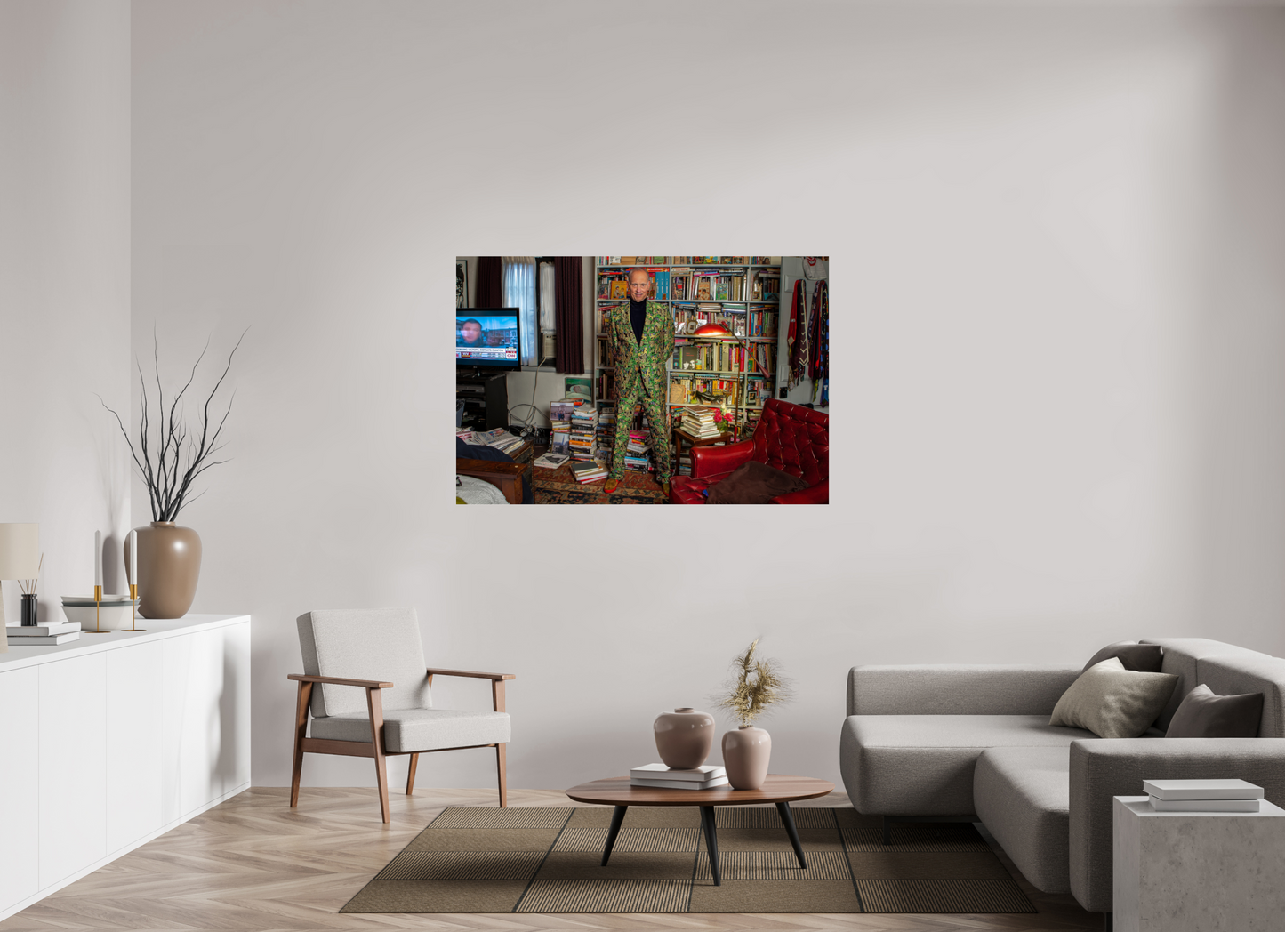 60 x 40″, Frameless Acrylic Glass Director John Waters in his Bedroom with TV