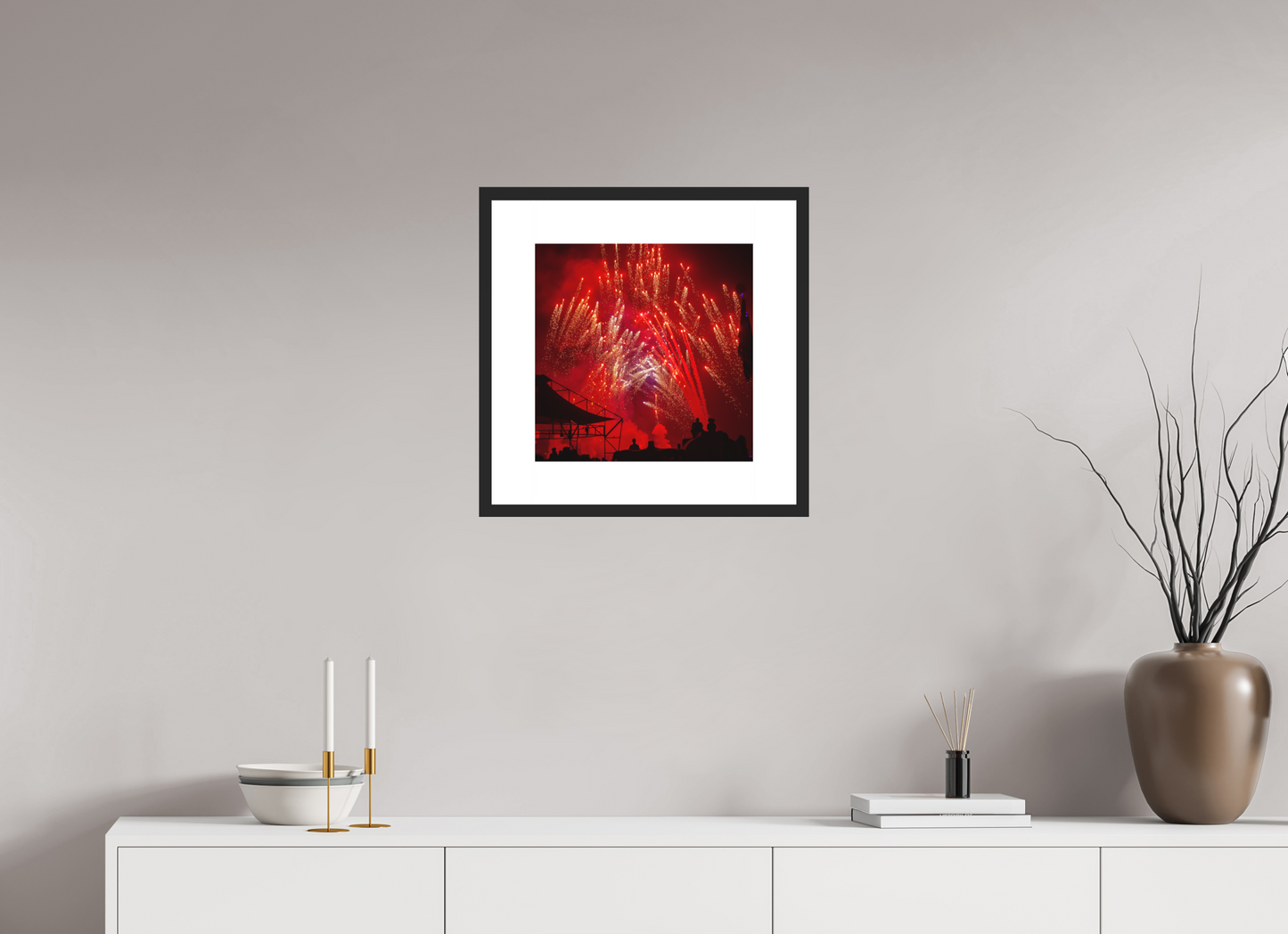 15 x 15″, Solid 0.8" Black Wood Frame With 3" Natural White Passe-Partout with Museum Glass Burning Man - Red Fireworks (square format)