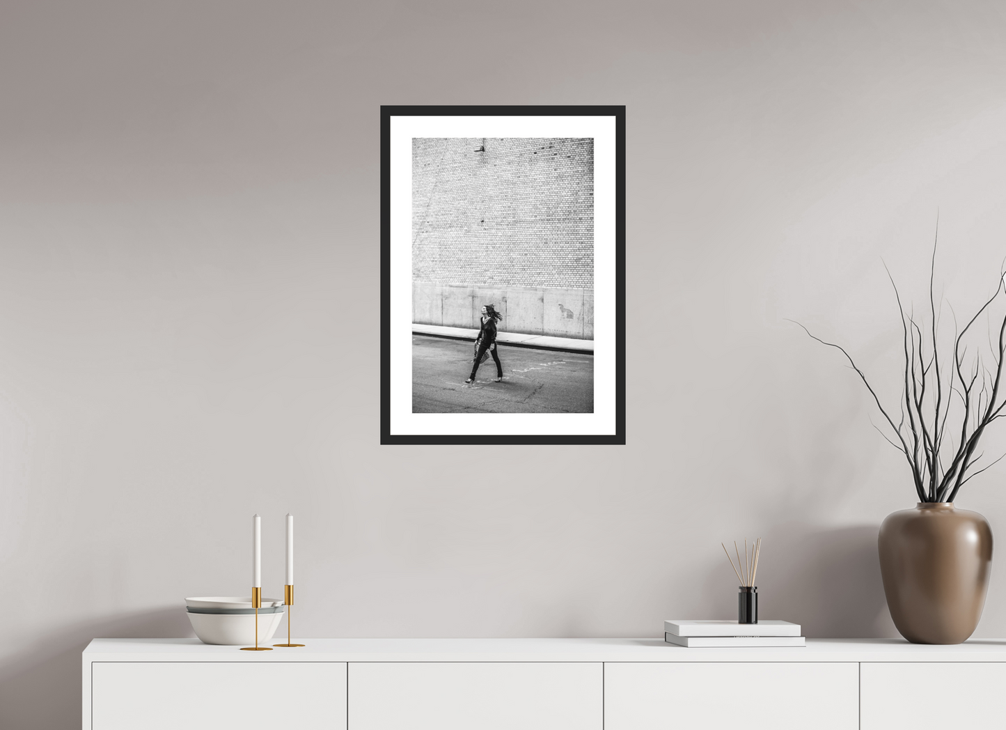 16 x 24″, Solid 0.8" Black Wood Frame With 2" Natural White Passe-Partout with Museum Glass Woman Walking Across the Street