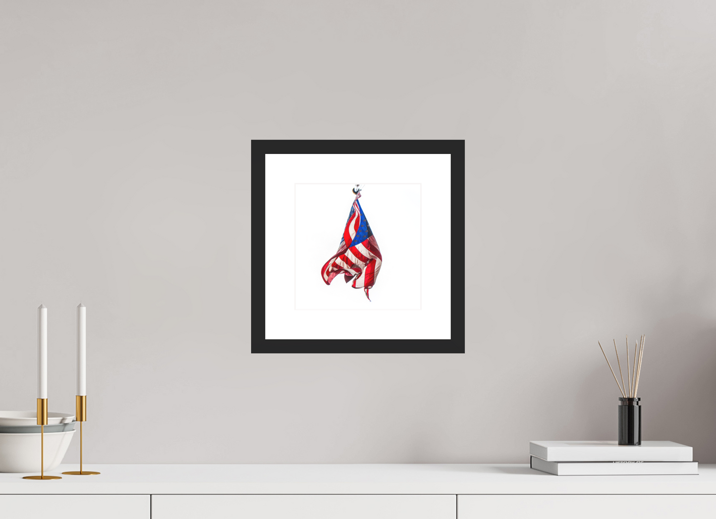 8 x 8″, Solid 0.8" Black Wood Frame With 2" Natural White Passe-Partout with Museum Glass Crumpled USA Flag